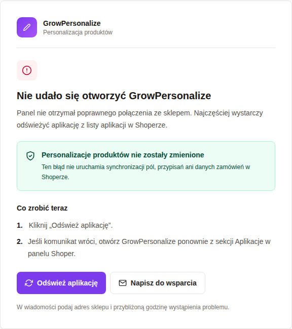 Bezpieczny ekran problemu z otwarciem GrowPersonalize